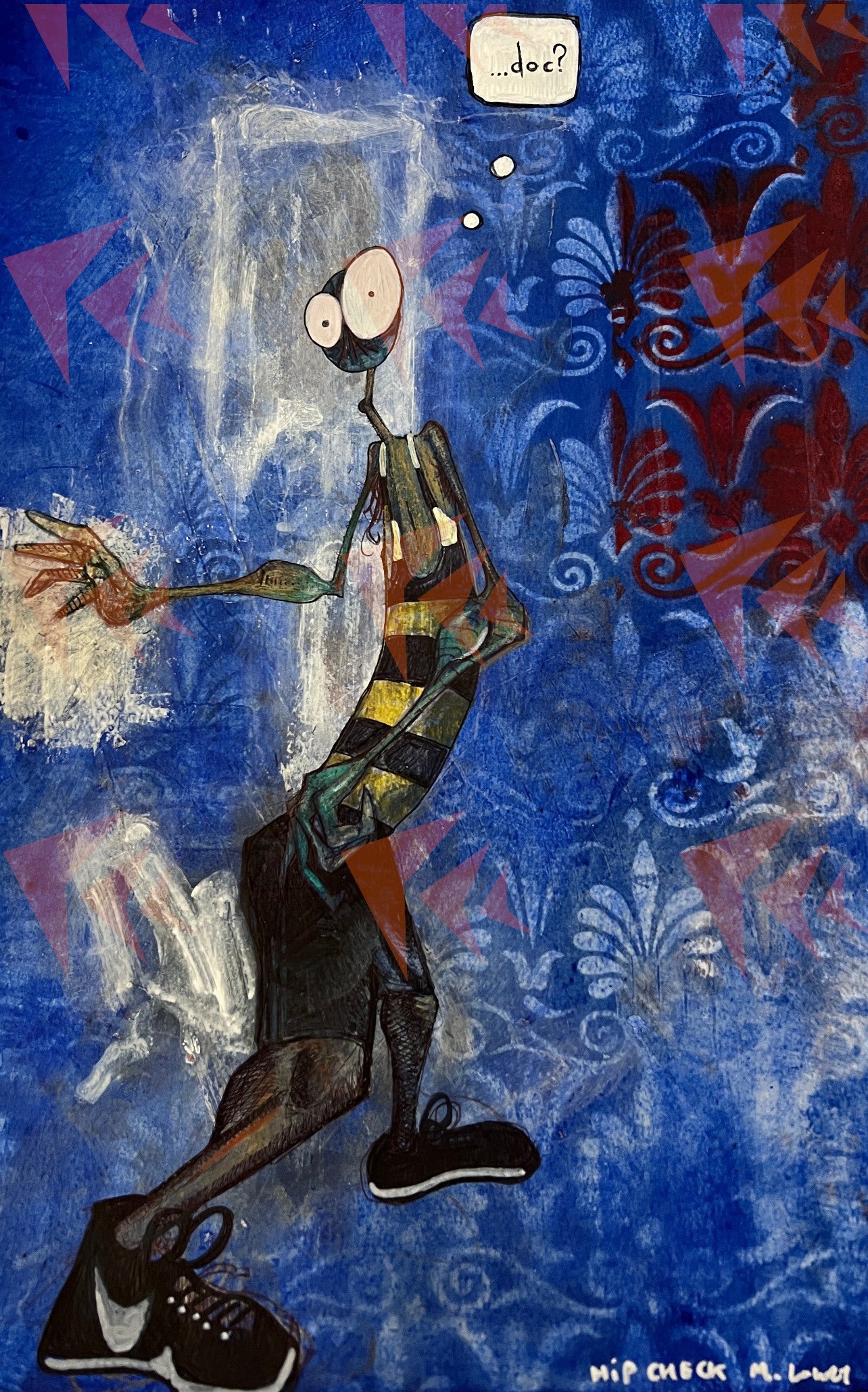 'Hip Check' - Original drawing/painting on watercolor paper. 12"x 17 7/8"