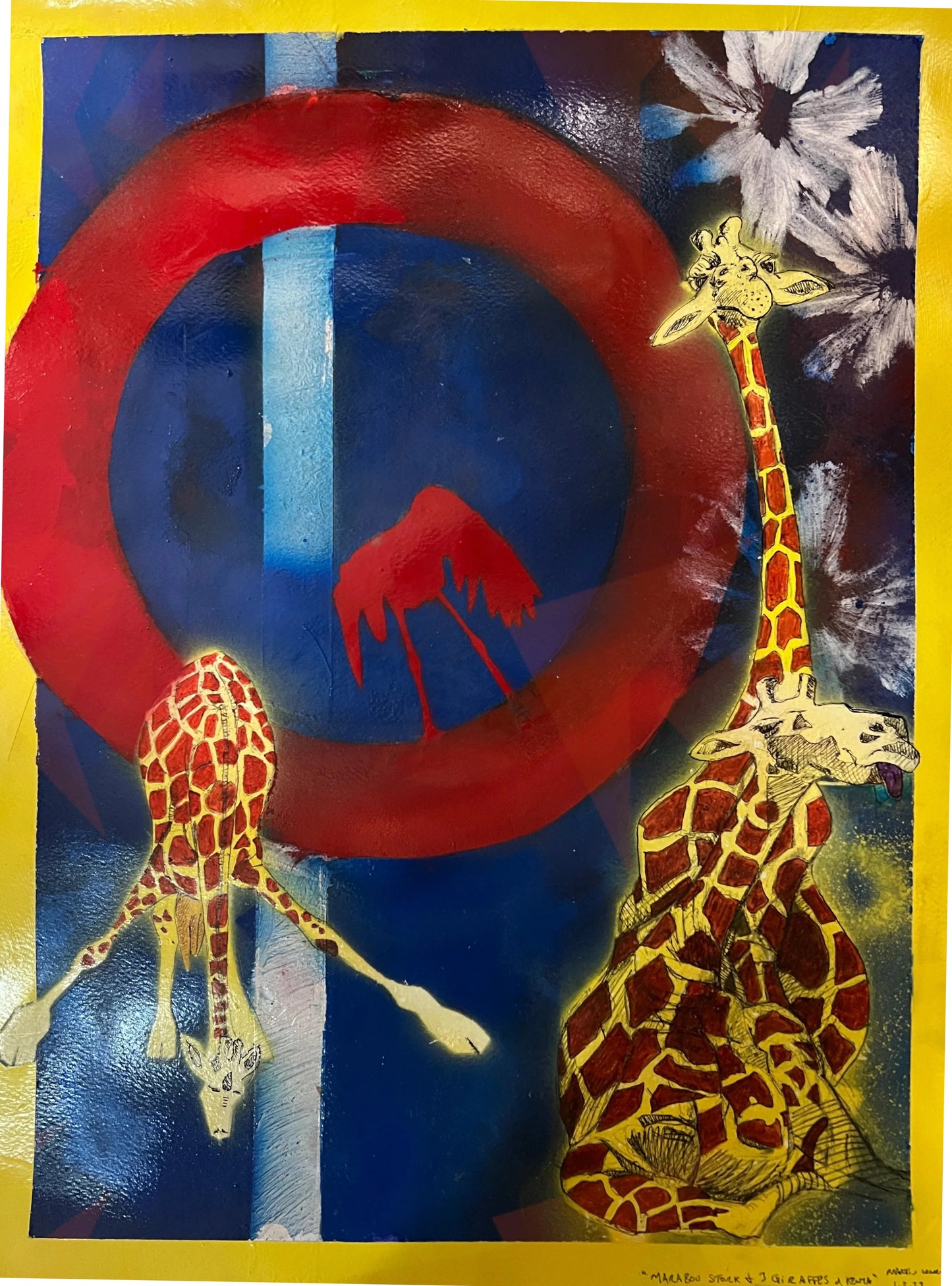 "Marabou Stork & 3 Giraffes from Kenya" Painting - 18"x24"