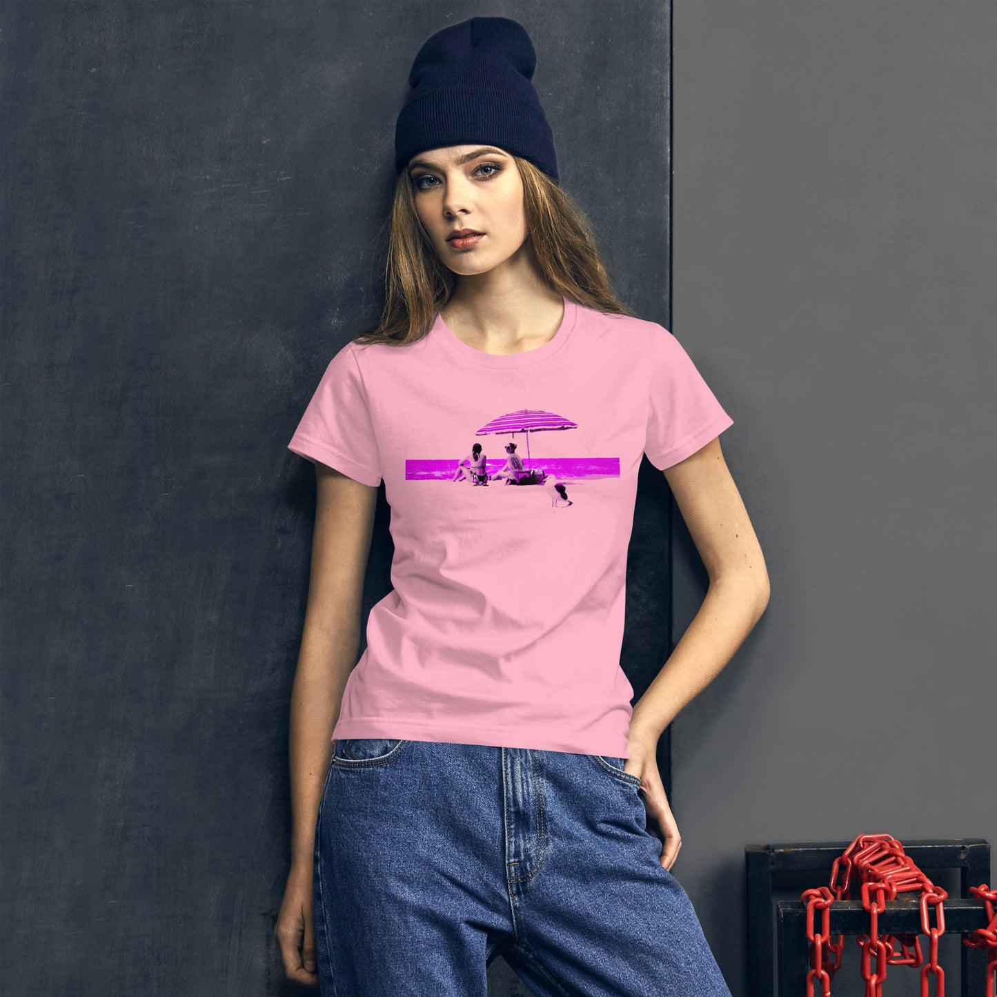Chatting - Women's T-shirt feat. Graphic of 2 Girls on a Beach.