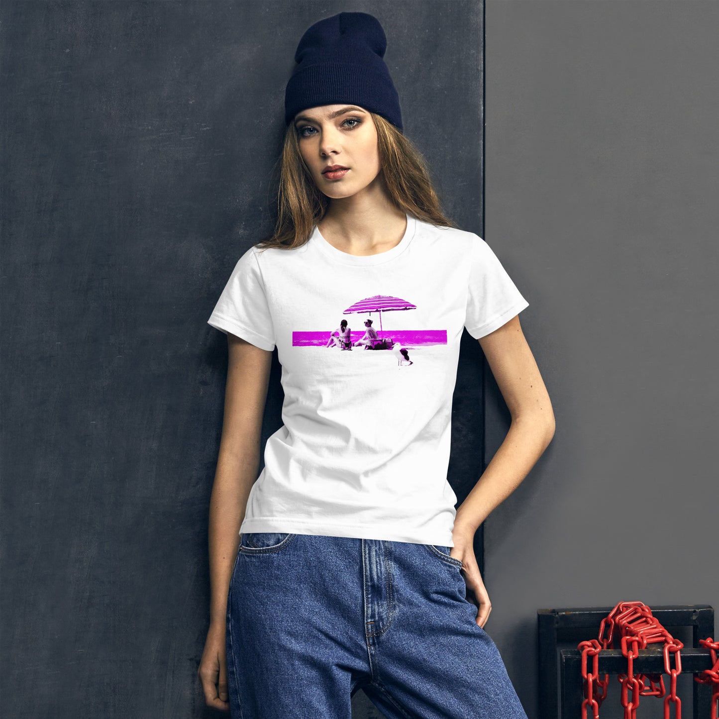 Chatting - Women's T-shirt feat. Graphic of 2 Girls on a Beach.