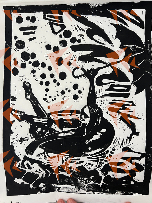 "Woman in Pool Float with Umbrella" Block Print 01/12 - 14"x17"